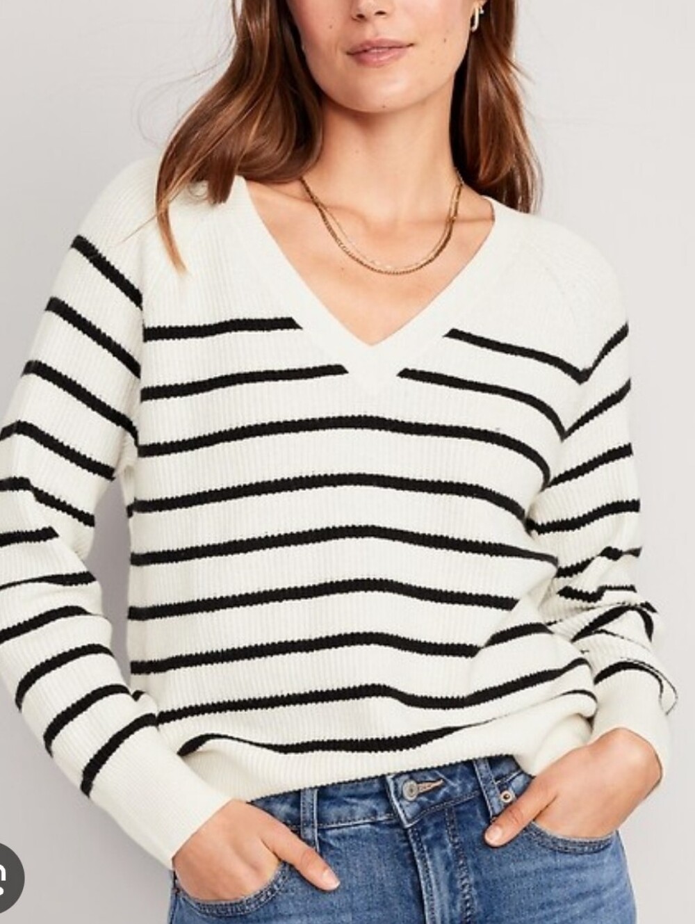 Old Navy Cream & Black Striped V-Neck Sweater